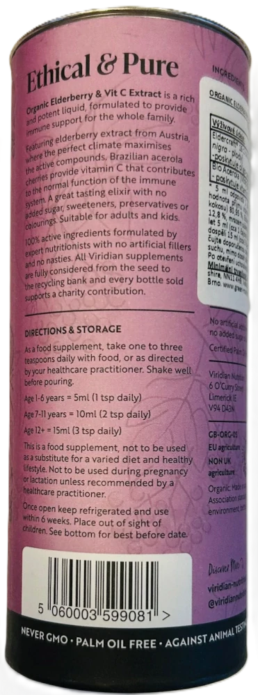 Viridian Elderberry Extract + Vitamin C 100ml Organic